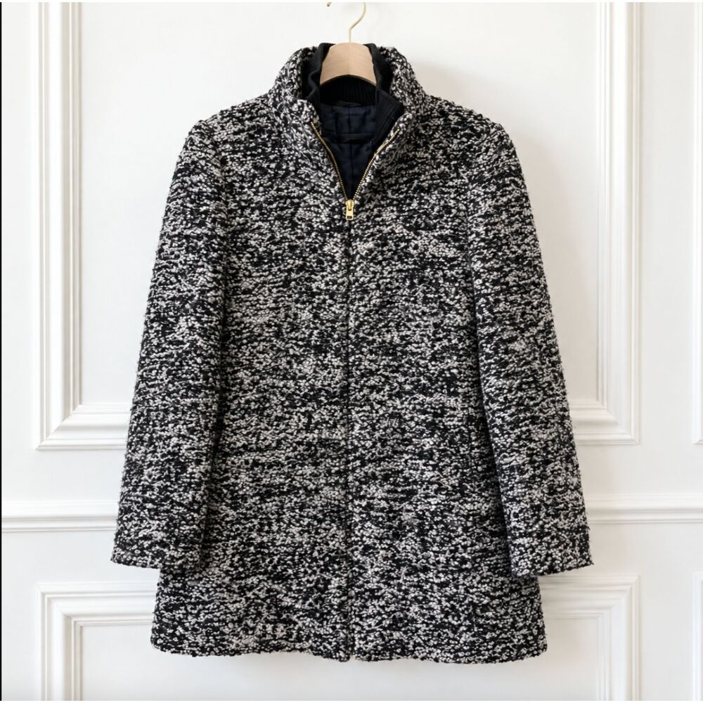 J Crew Womens 4 Italian Wool Boucle Coat Black White Tweed Speckled Zip Jacket